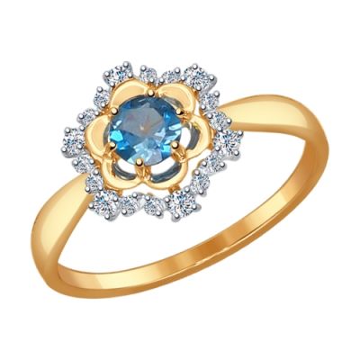 Кольцо из золота «Редкий цветок» с топазом london blue и фианитами