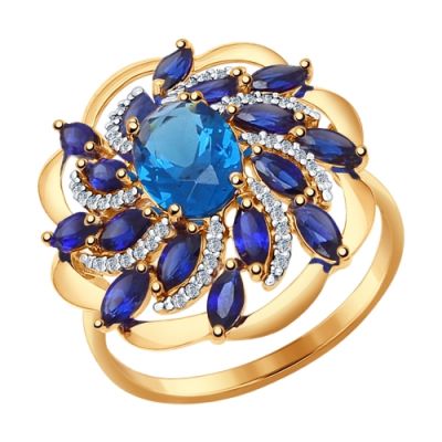 Золотое кольцо «Цветок» с ситаллом и сапфировыми корундами