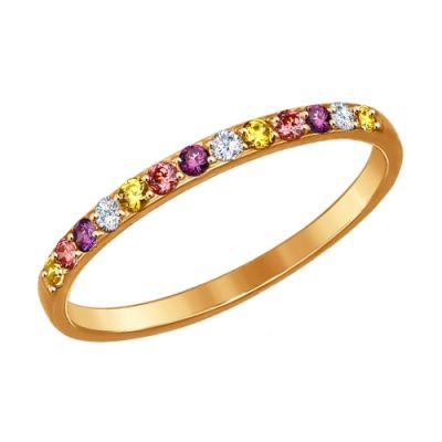 Золотое кольцо с дорожкой разноцветных фианитов