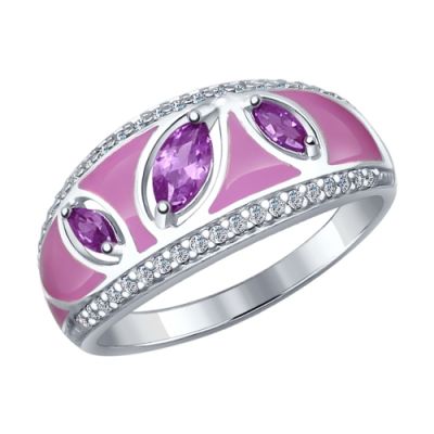 Серебряное кольцо с фиолетовой эмалью, аметистами и фианитами