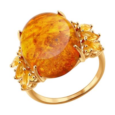 Золотое кольцо с овальным янтарём и цитринами