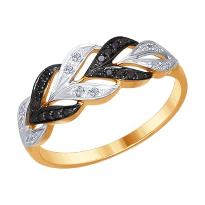 Золотое кольцо с косичкой из белых и чёрных бриллиантов