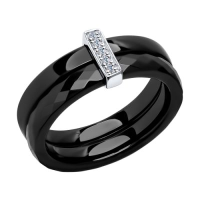 Двухрядное чёрное керамическое кольцо с пятью фианитами