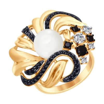 Красивое кольцо из золота с жемчугом и черными фианитами