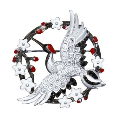Брошь из серебра «Птица» с черной, красной, белой эмалью и фианитами